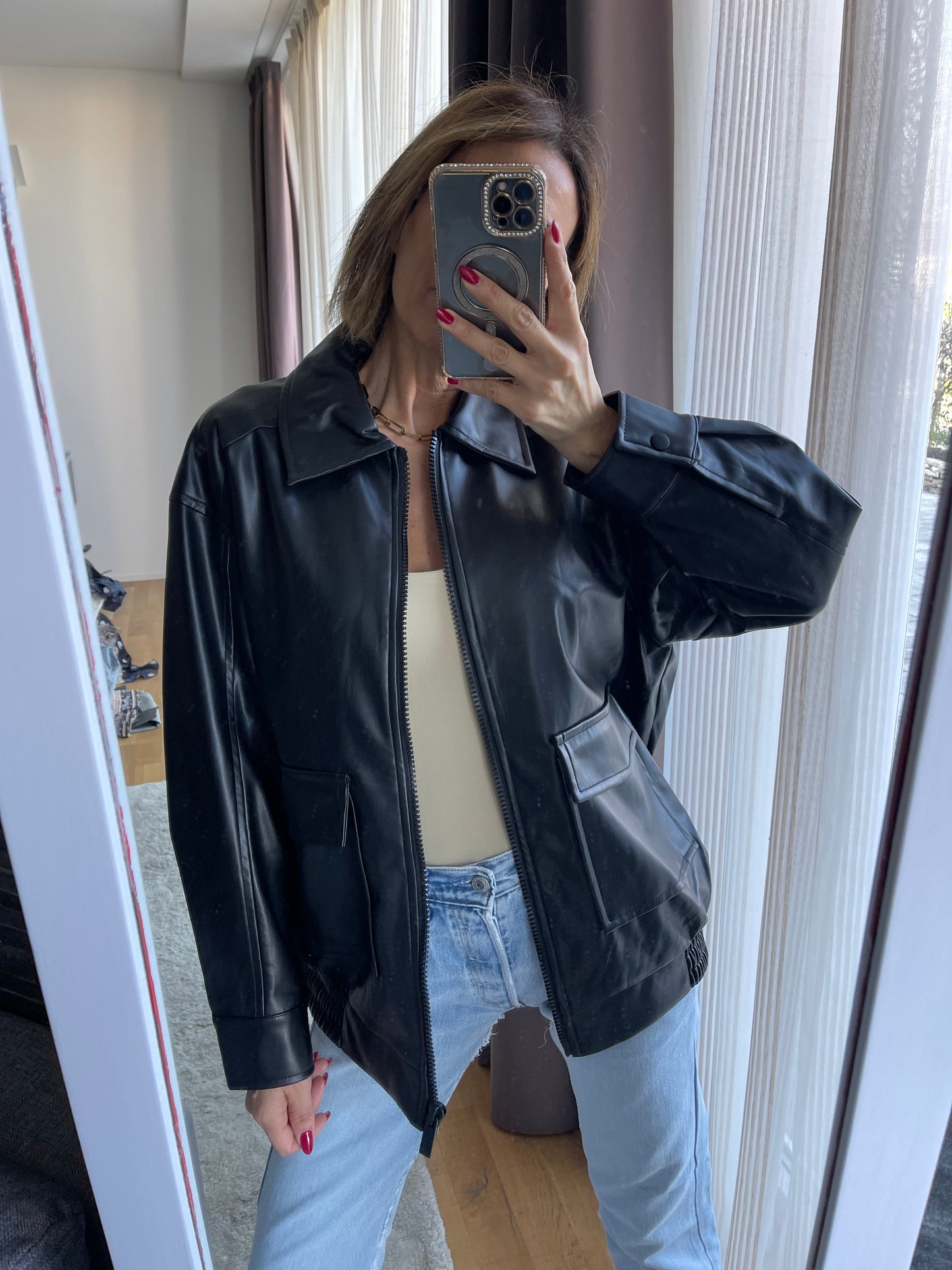 Faux leather bomber jacket