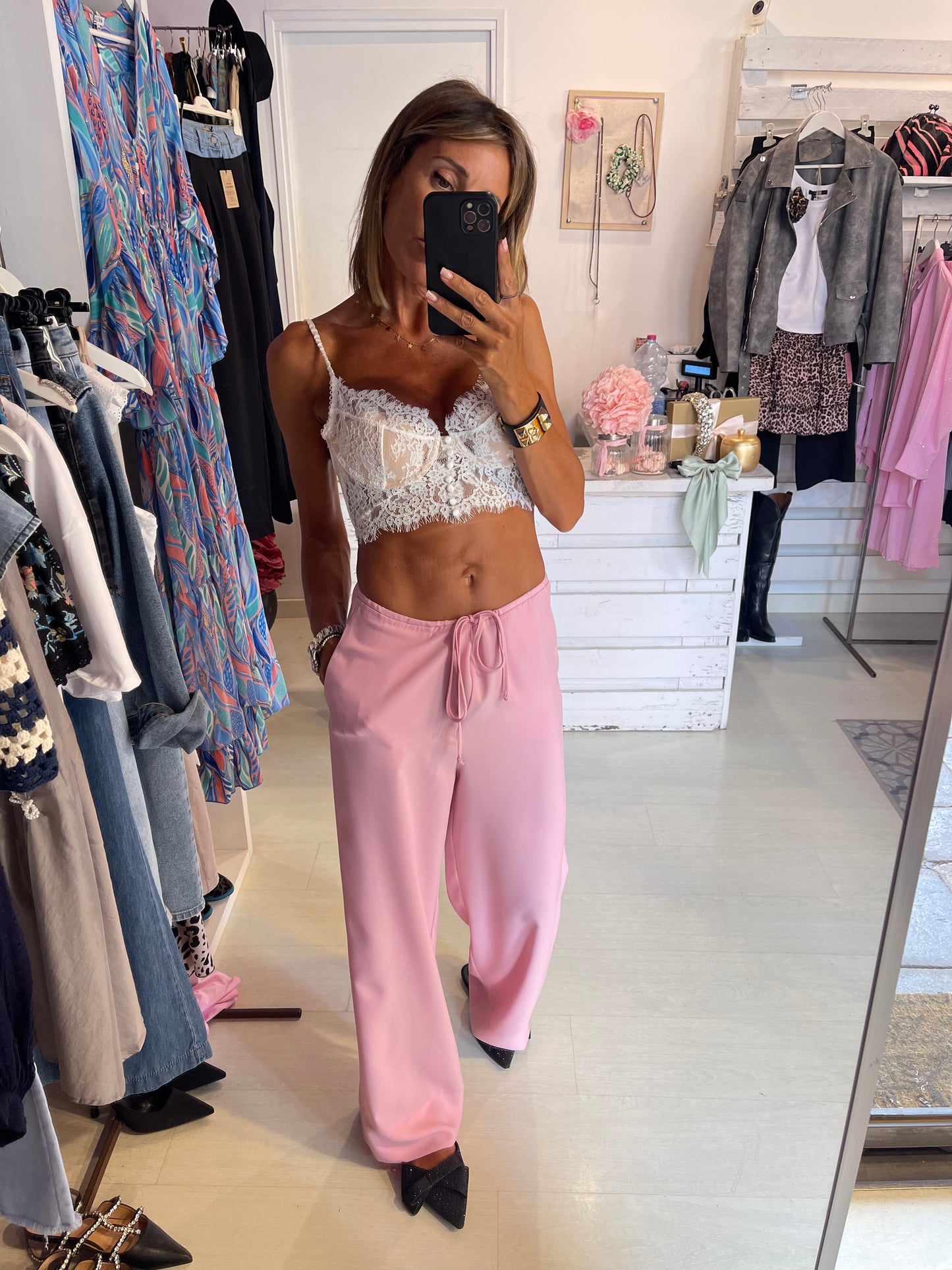 Pink pajama style trousers