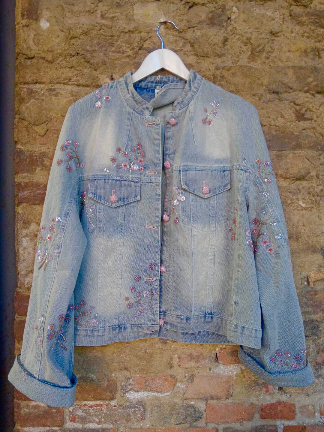 Giubbino Denim fiori rosa