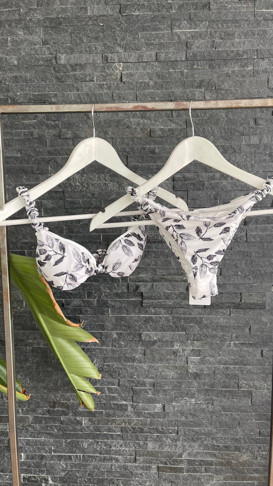 White bikini with leaf print